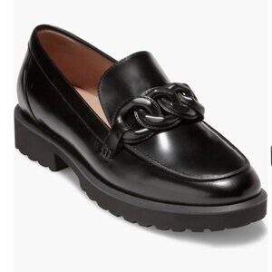 Cole Haan Black Leather Chain-Detail Lug Sole Loafers